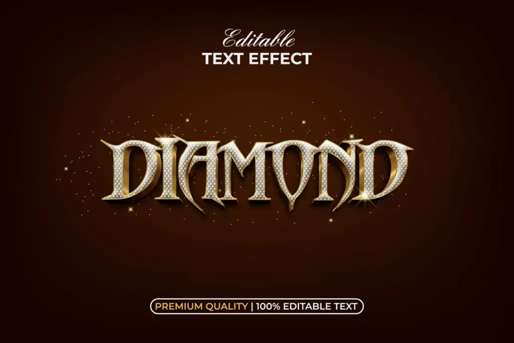 Diamond-encrusted golden "DIAMOND" text effect with sharp, gothic serifs and gold sparkles.