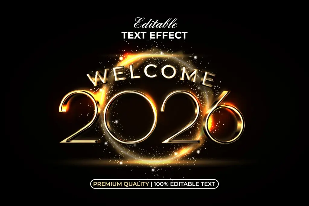 Glowing golden "WELCOME 2026" text effect featuring a circular light flare and glitter.