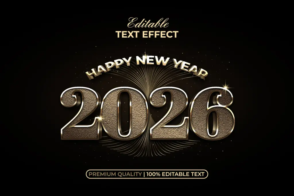 Textured golden "2026" text effect with thin outlines and radiating light lines.