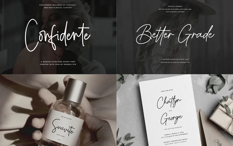 Font showcase with decorative swashes, connecting love glyphs, and branding samples