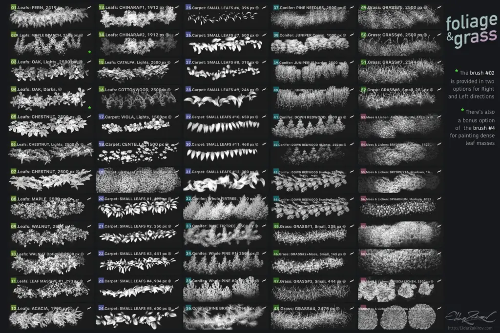 A grid showing 57 digital painting brushes for various types of foliage and grass, including leaves, carpet, conifer, moss, and lichen brushes.