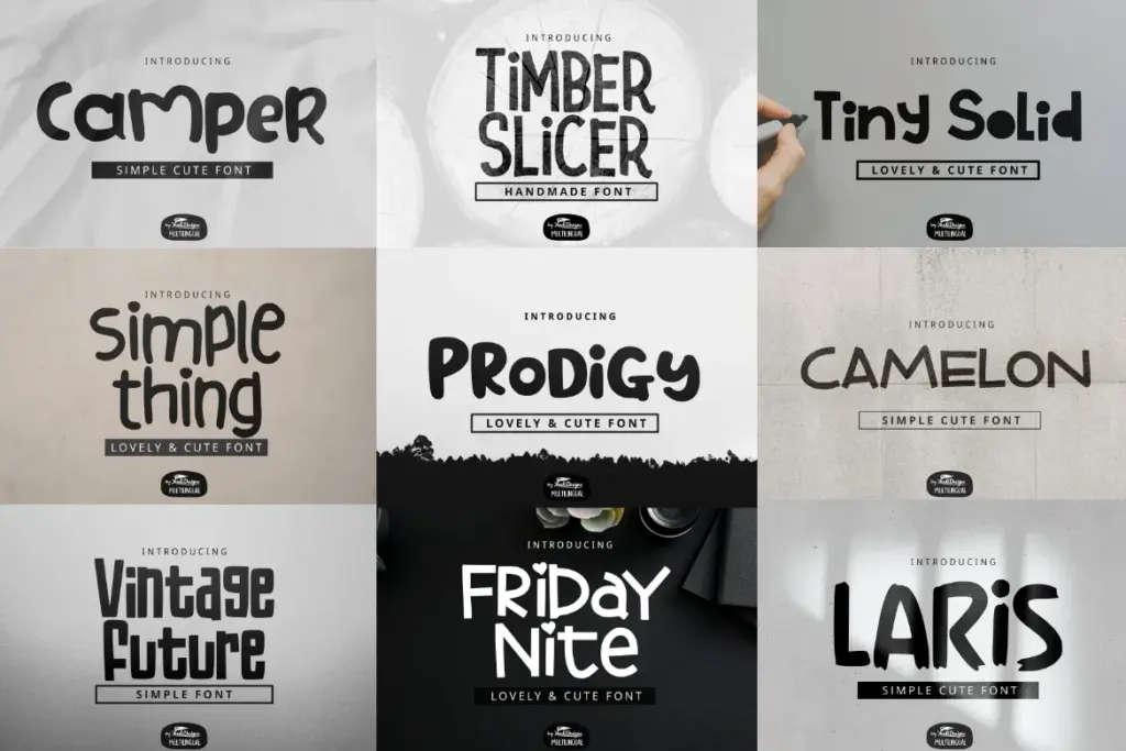 A collage of bold and simple fonts included in the mixed huge fonts bundle.