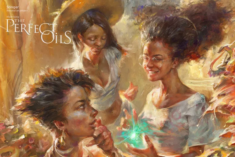 A digital oil painting depicting three women interacting in a warm, sunlit scene.