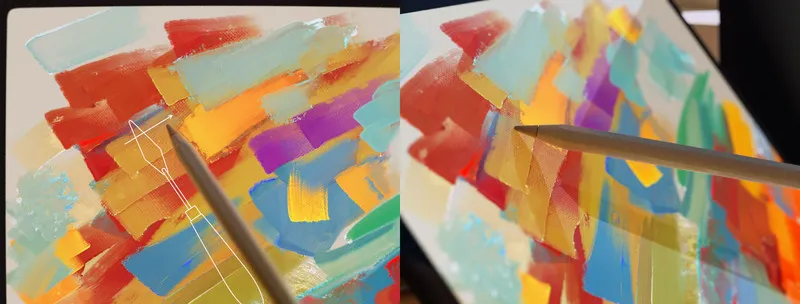 A side-by-side comparison image showing thick, blocky, abstract oil paint strokes in various colors (red, blue, orange, yellow).