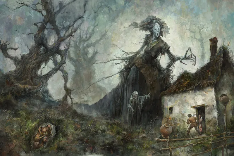 A dark, moody digital oil painting fantasy scene depicting a large, grotesque, tree-like creature or witch towering over a small, rustic hut and figures in a gnarled, shadowy forest.