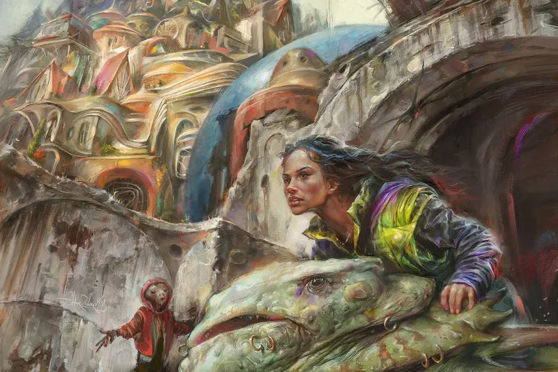 A dramatic digital oil painting fantasy scene. A woman in a vibrant jacket rides a large, frog-like creature over a stone ledge, looking out over a brightly lit, organic, futuristic cityscape.