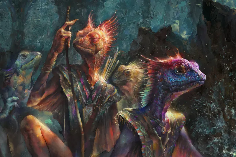 A fantastical digital oil painting featuring three anthropomorphic lizard or gecko-like creatures with detailed scales and brightly colored iridescent skin, wearing decorative clothing, sitting in a dark cave or grotto.