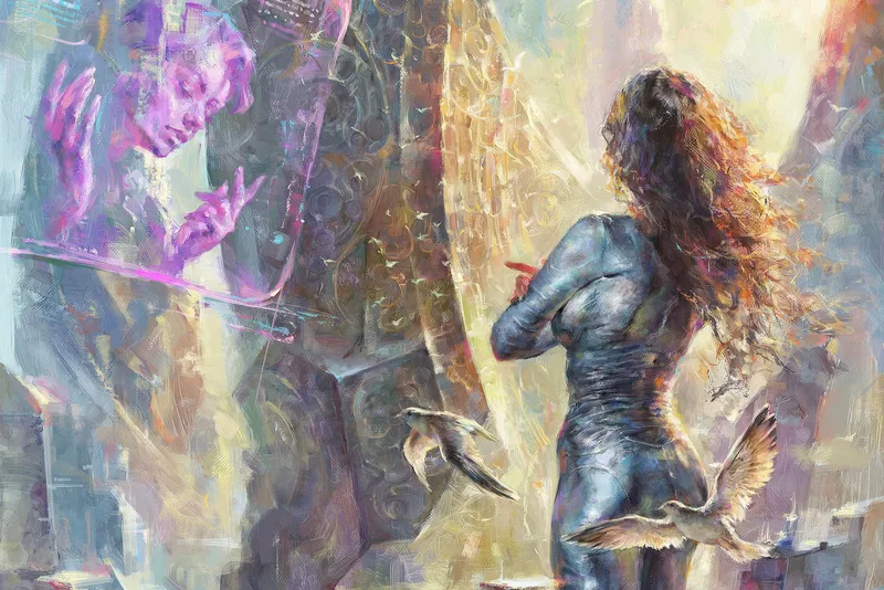 A digital oil painting of a woman in a sleek, dark suit standing with her back to the viewer, observing a glowing, ornate pillar and a translucent purple figure on the left.