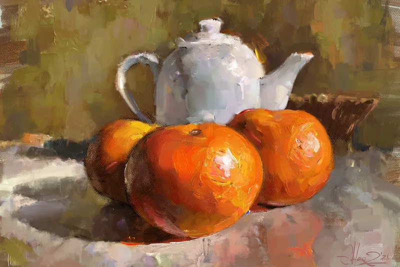 A digital oil painting still life featuring a white ceramic teapot and three vibrant orange fruits resting on a textured white surface, demonstrating the brush set's ability to render light, shadow, and impasto texture.