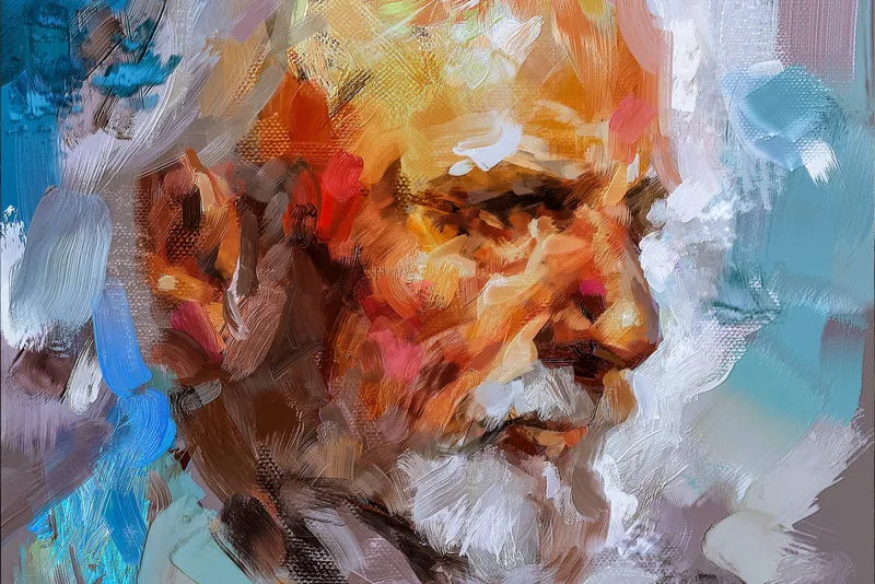 A close-up, expressive portrait of an older man with a white beard and warm, orange skin tones, painted with thick, deliberate, broken brushstrokes that emphasize texture and color variation.