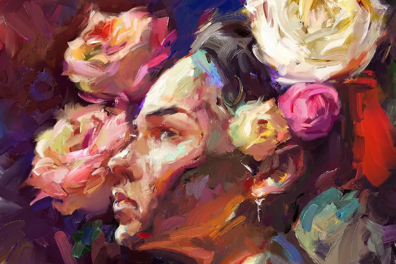 A close-up digital oil painting of a person's profile, head turned to the left, surrounded by large, abstractly painted pink and white roses.