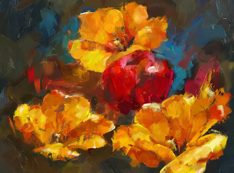 An abstract digital oil painting of a dark red, shiny object surrounded by vibrant yellow/orange flowers or abstract shapes.