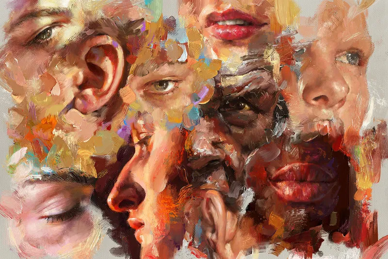 A complex, textured digital oil painting collage of various facial features—eyes, ears, and mouths—representing different skin tones, all rendered with highly expressive, thick, multi-directional brushstrokes.