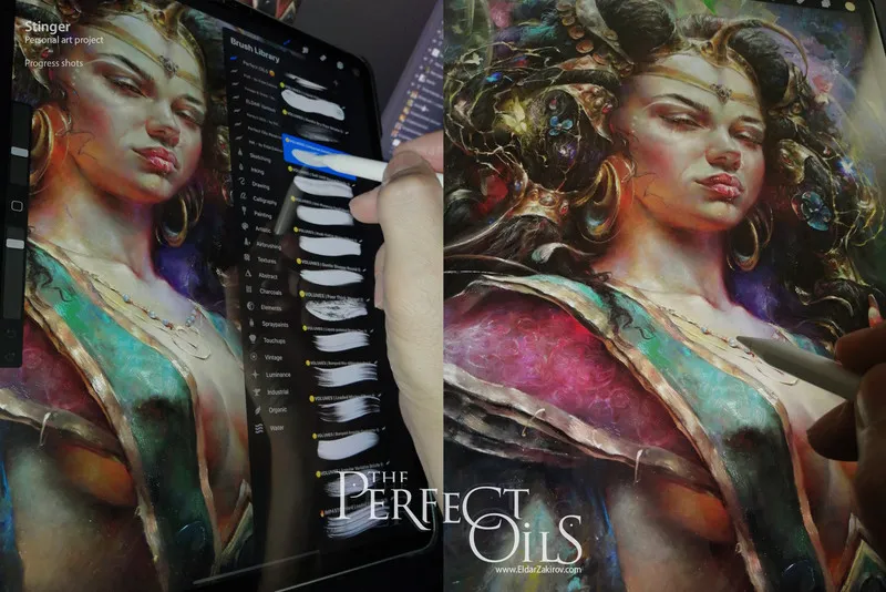 A split-screen image showing the Procreate app interface on an iPad tablet on the left, displaying the brush library menu and a hand holding the Apple Pencil.