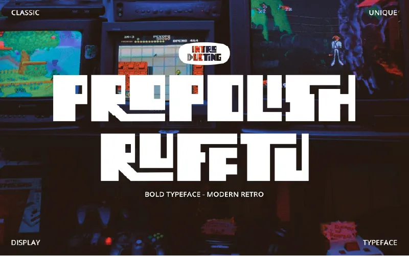 Bold retro typeface over vintage CRT gaming setup