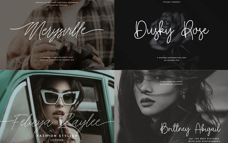 Font samples on rose imagery, fashion portraits, and photography-themed visuals