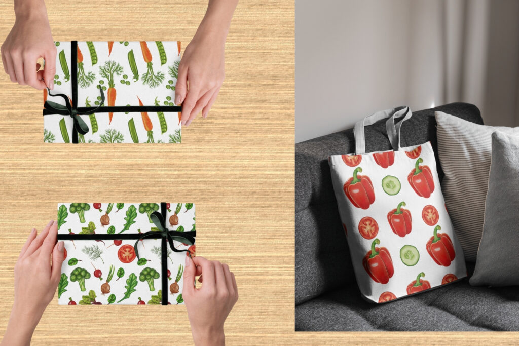 Two gift boxes and a tote bag featuring vegetable-themed designs like carrots and bell peppers