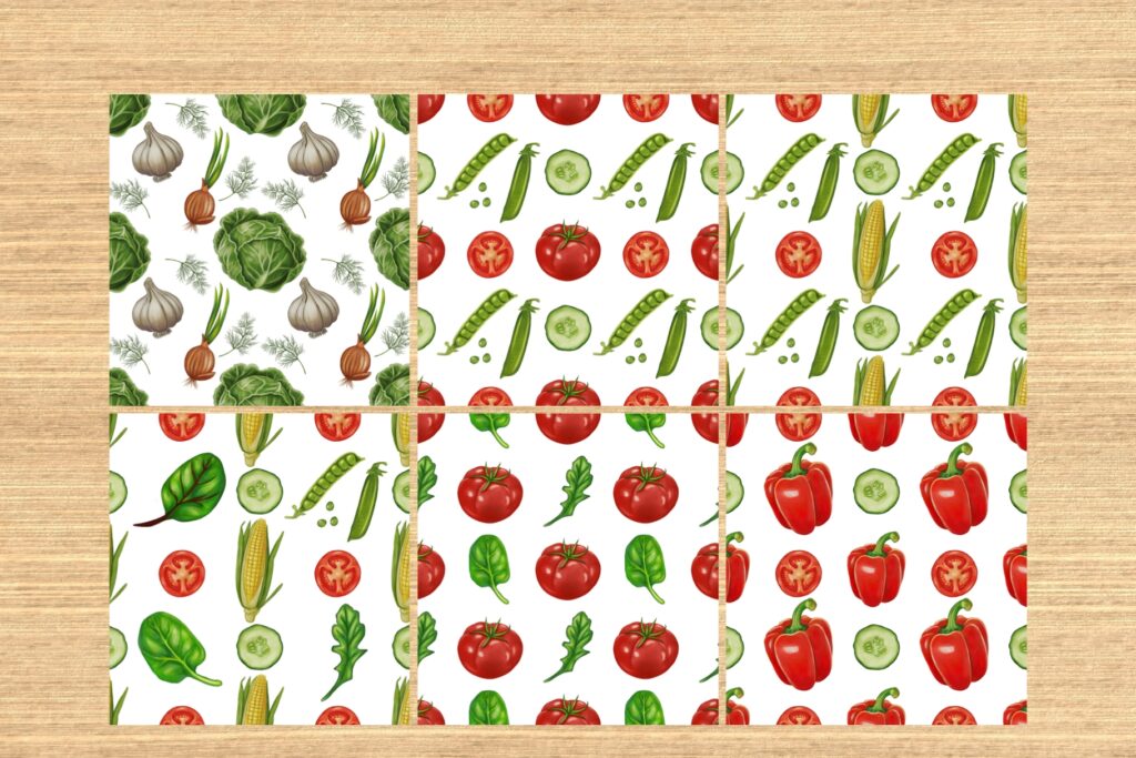 Nine square tiles with repeating vegetable patterns including tomato, cucumber, and dill
