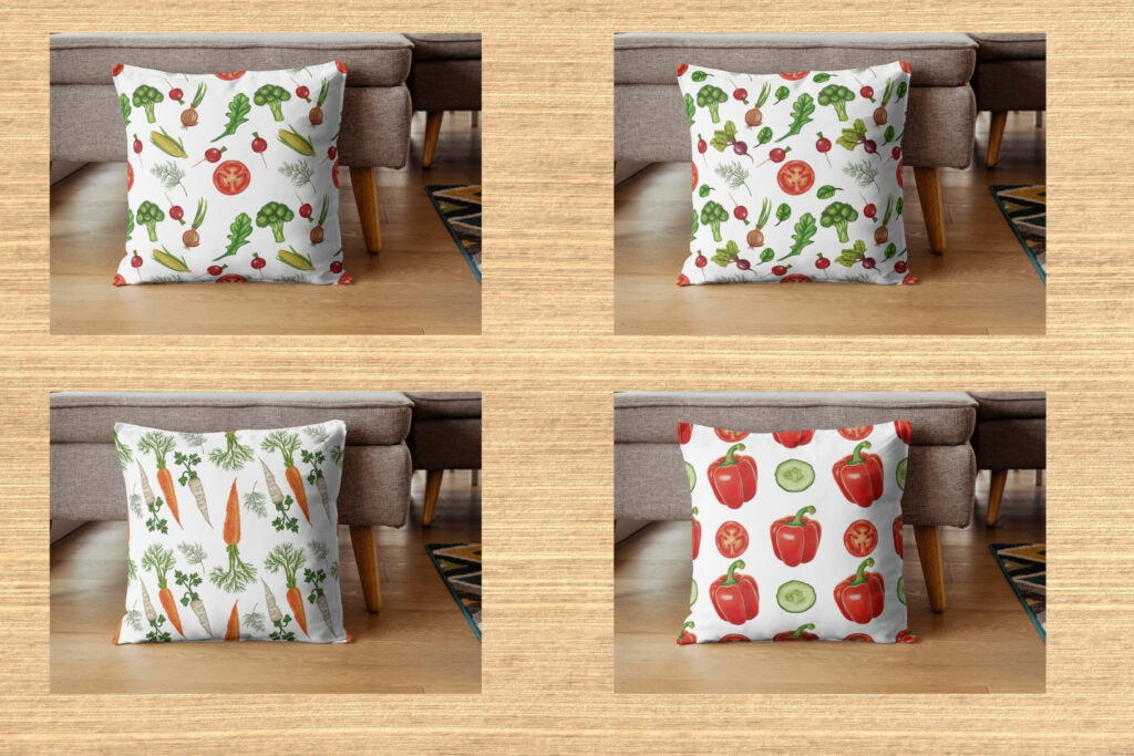 Four pillows with vegetable-themed designs including tomatoes, carrots, and leafy greens