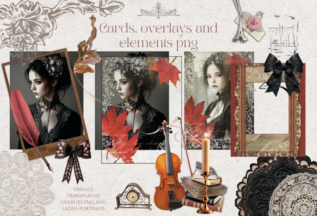 Vintage Christmas Card, Overlays, & Elements