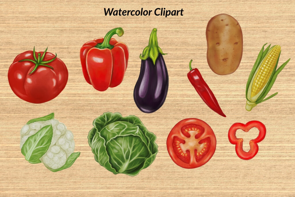 Ten watercolor vegetables including tomato, corn, and cabbage on a wooden background