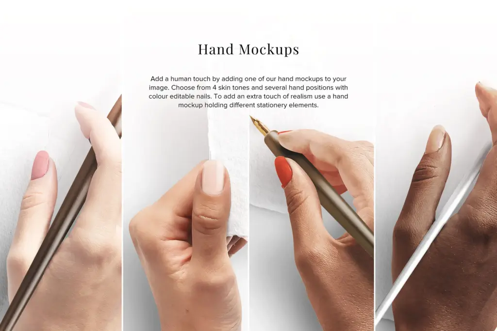 Four hand mockups with different skin tones and nail colors, holding various stationery items like a pen and paper.