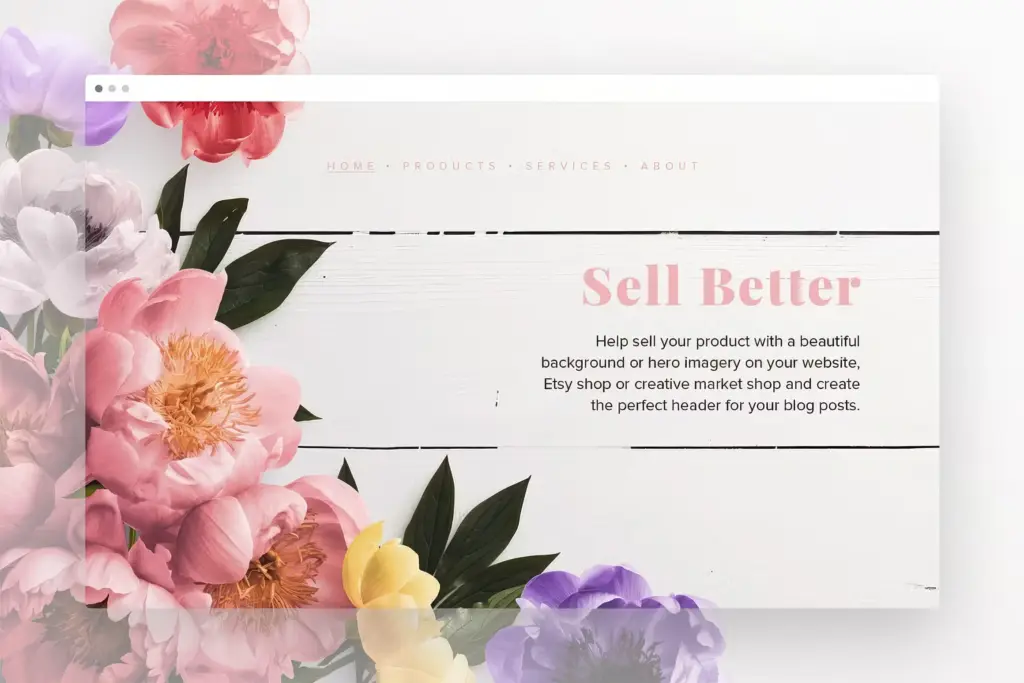 Website header mockup featuring a wooden background surrounded by soft-focus pink, yellow, and purple peonies.