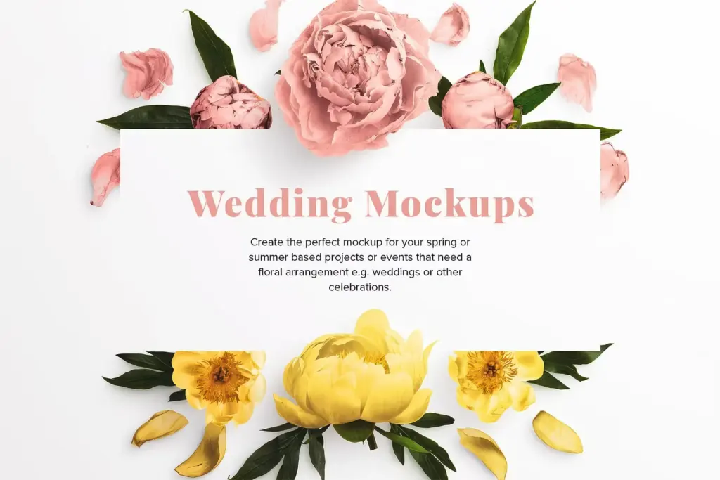 Wedding mockup with pink peonies and petals framing a central white space, with text "Wedding Mockups" and yellow peonies below.