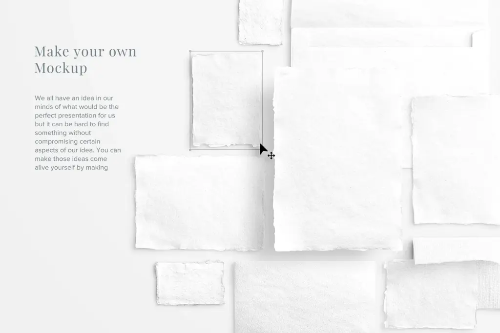 Blank mockups of various shapes and sizes of textured paper scattered on a white background, representing a customizable scene.