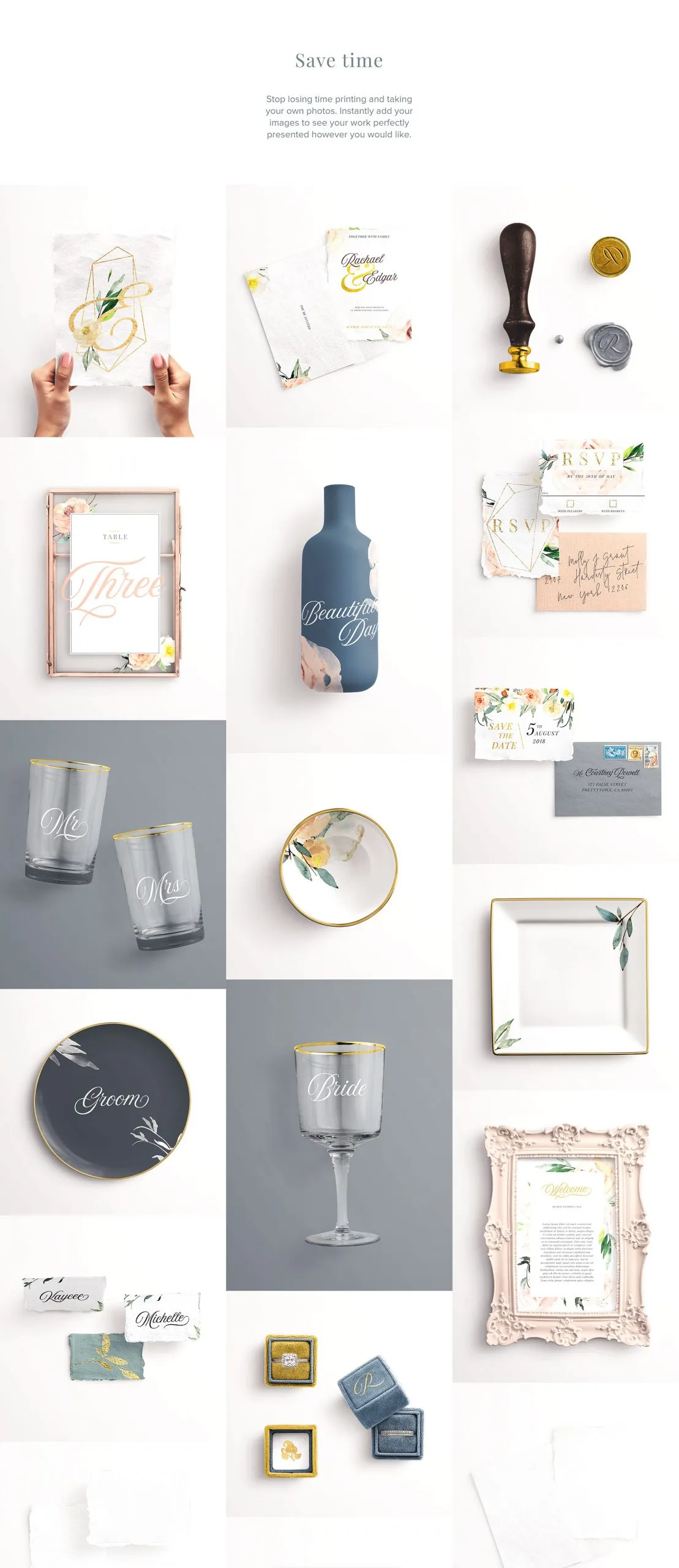 Grid display of various wedding stationery mockups, including invitations, RSVP cards, sealing wax, place cards, and decorative tableware like plates and glasses.