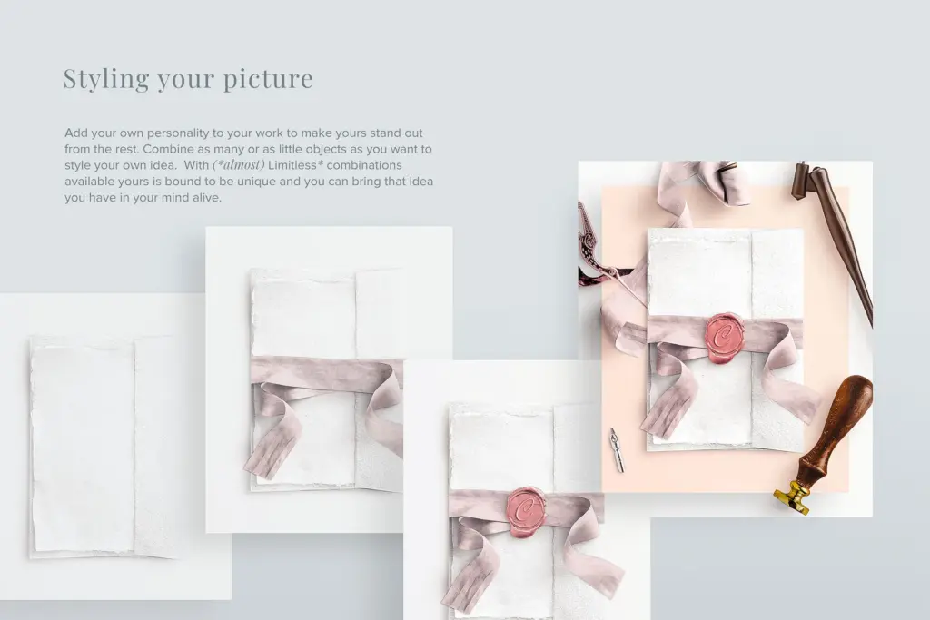 Mockup showing different styling options for wedding stationery using textured paper, ribbons, and a wax seal stamp.