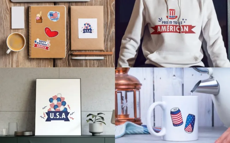 Independence Day designs on mugs, shirts, prints, and stationery.