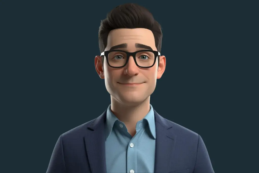 3D cartoon image of a man with dark hair and glasses created using AI prompts included in the bundle