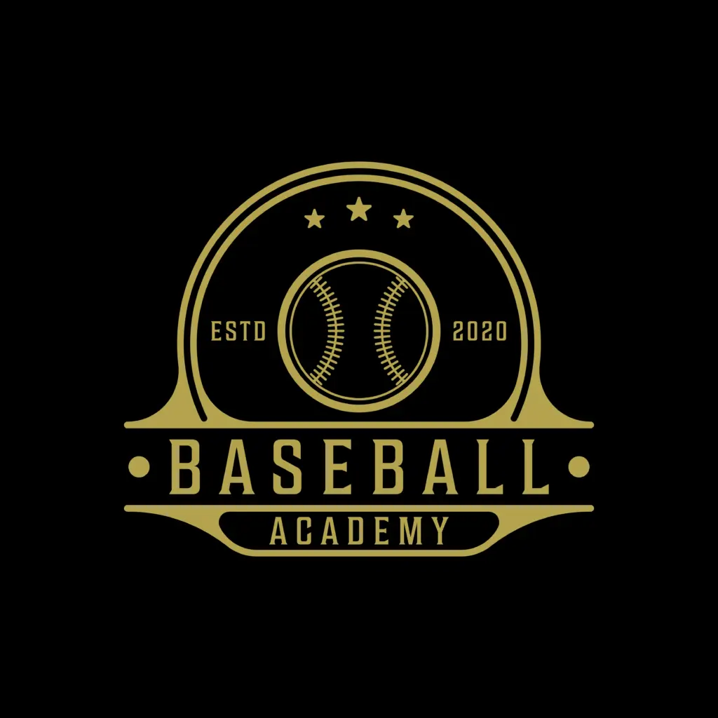Gold baseball academy emblem with stars and ball