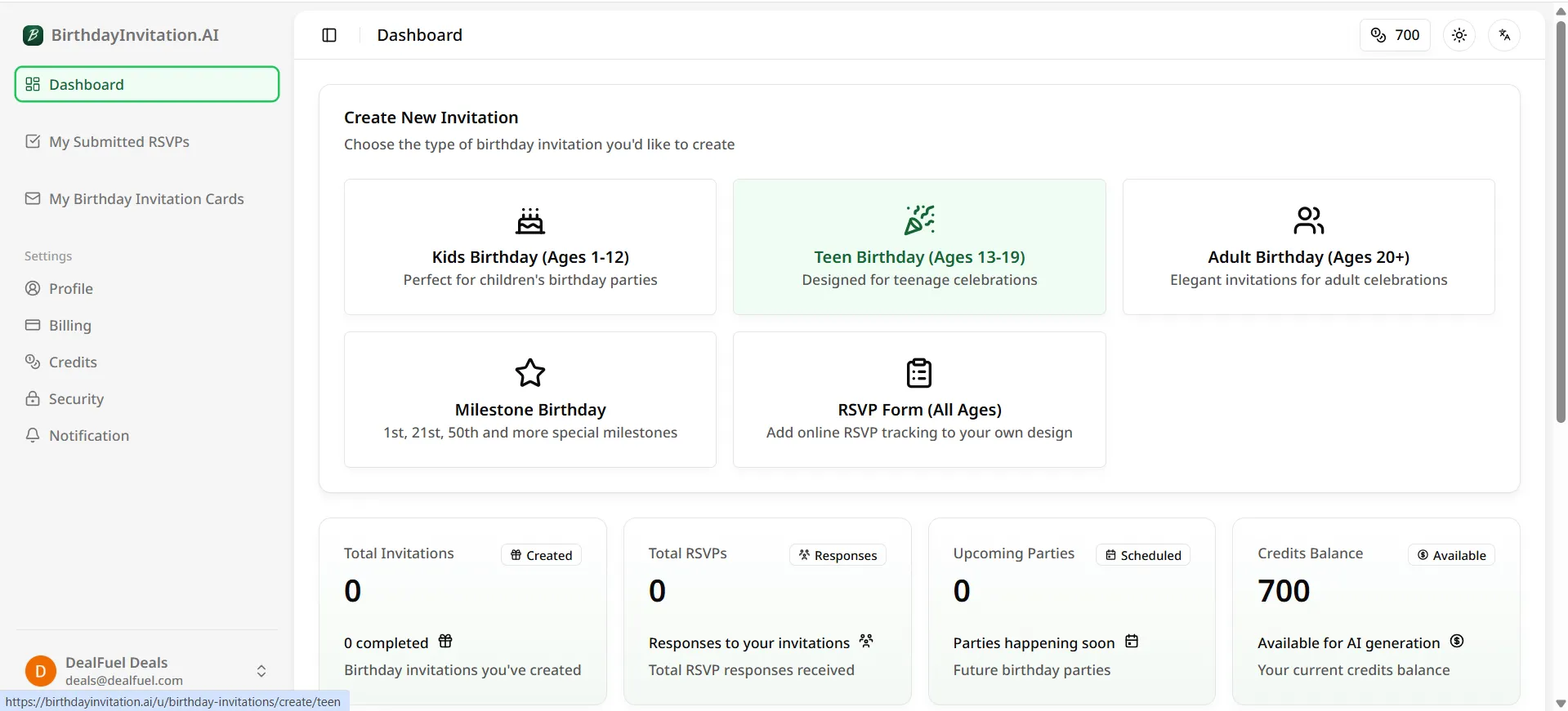 BirthdayInvitationAI Dashboard