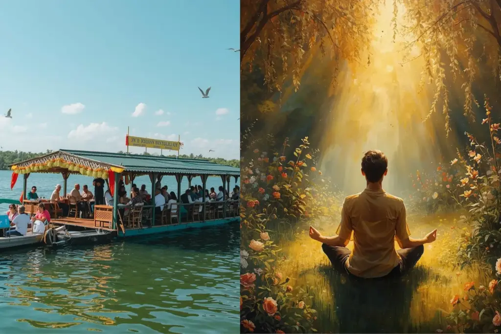 Split image of decorated boat on water and person meditating in a sunlit forest clearing.