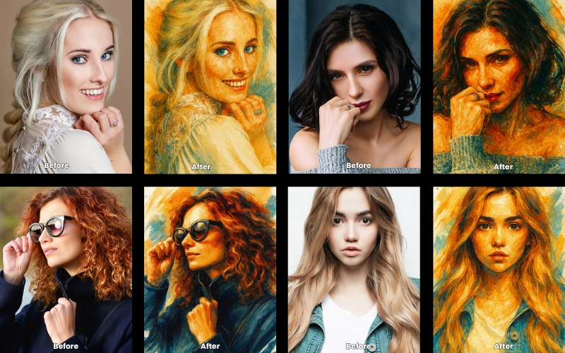 Collage of AI-edited photos created using the Character in Paint Strokes prompt