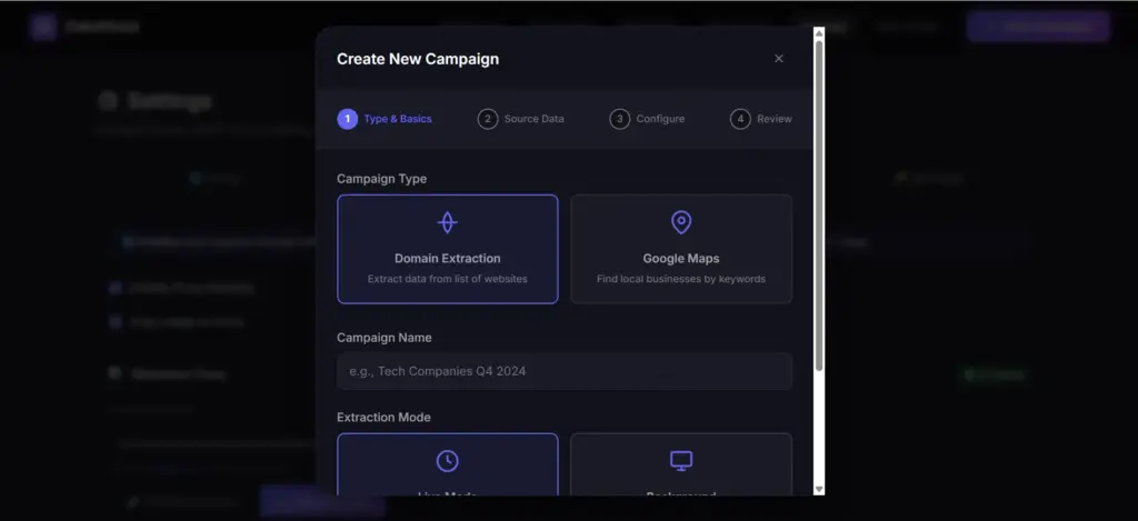 New Campaign Creation In DataXtract Pro Data Extraction Tool For Lead Generation