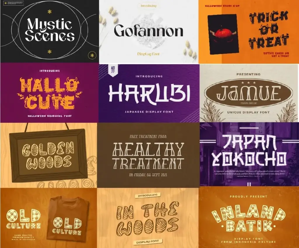 Collage of 12 fonts with cultural themes including palace, batik, and Halloween included in the Ultmate fonts collection