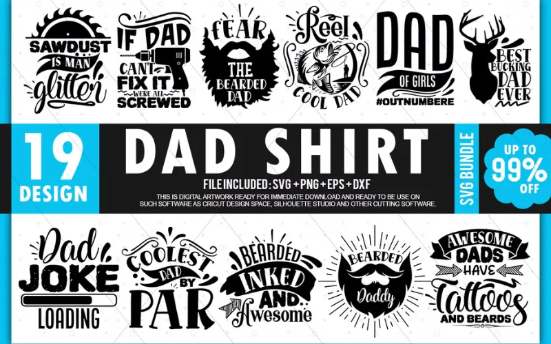 Collage of Dad Shirt SVG Designs included in the bundle