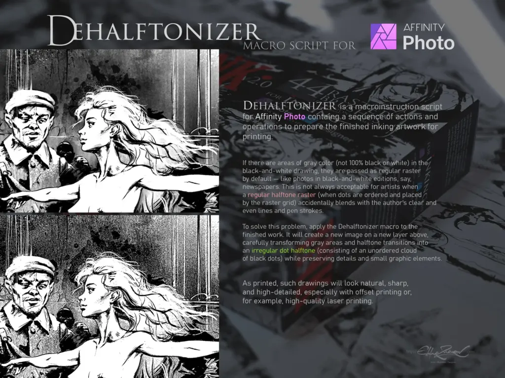Side-by-side halftone vs. smoothed ink drawing with macro script description for Affinity Photo