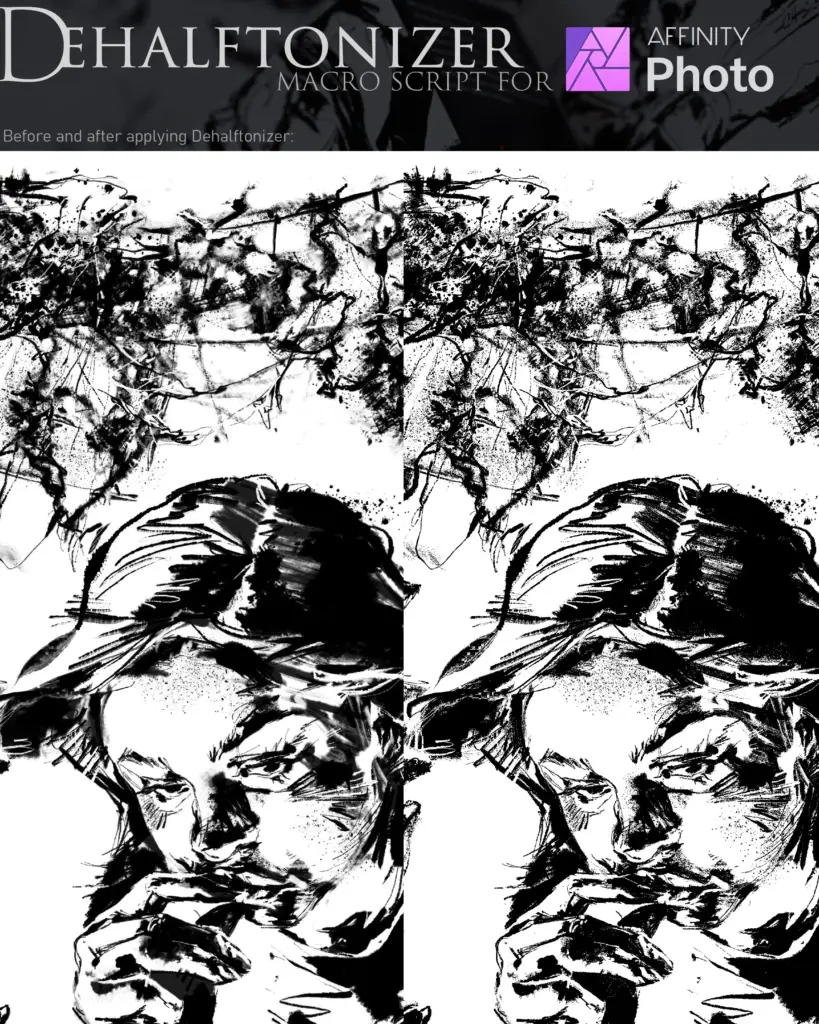 Halftone vs. smoothed ink portrait showing Dehalftonizer macro effect in Affinity Photo