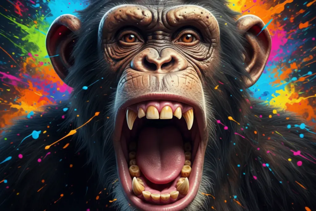 Caricature of a shouting chimpanzee created using the AI-generated caricature prompts.