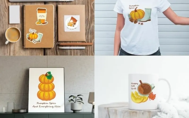 Fall illustrations on mugs, shirts, prints, and stationery featuring pumpkin spice motifs.