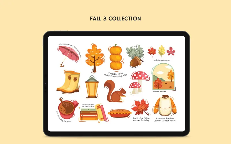 Whimsical fall graphics with cozy phrases like “Raindrops and pumpkins in your hair.”