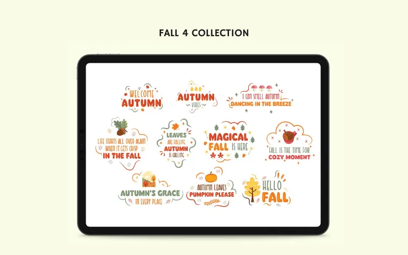 Illustrated autumn quotes like “Autumn Vibes” and “Leaves Are Falling” in warm tones.