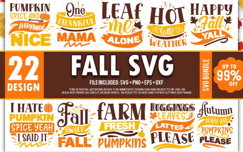 Collage of Fall SVG Designs included in the bundle