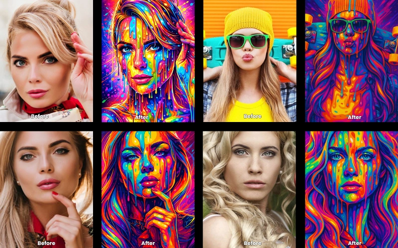 Collage of AI-edited photos created using the Flowing Colors prompt