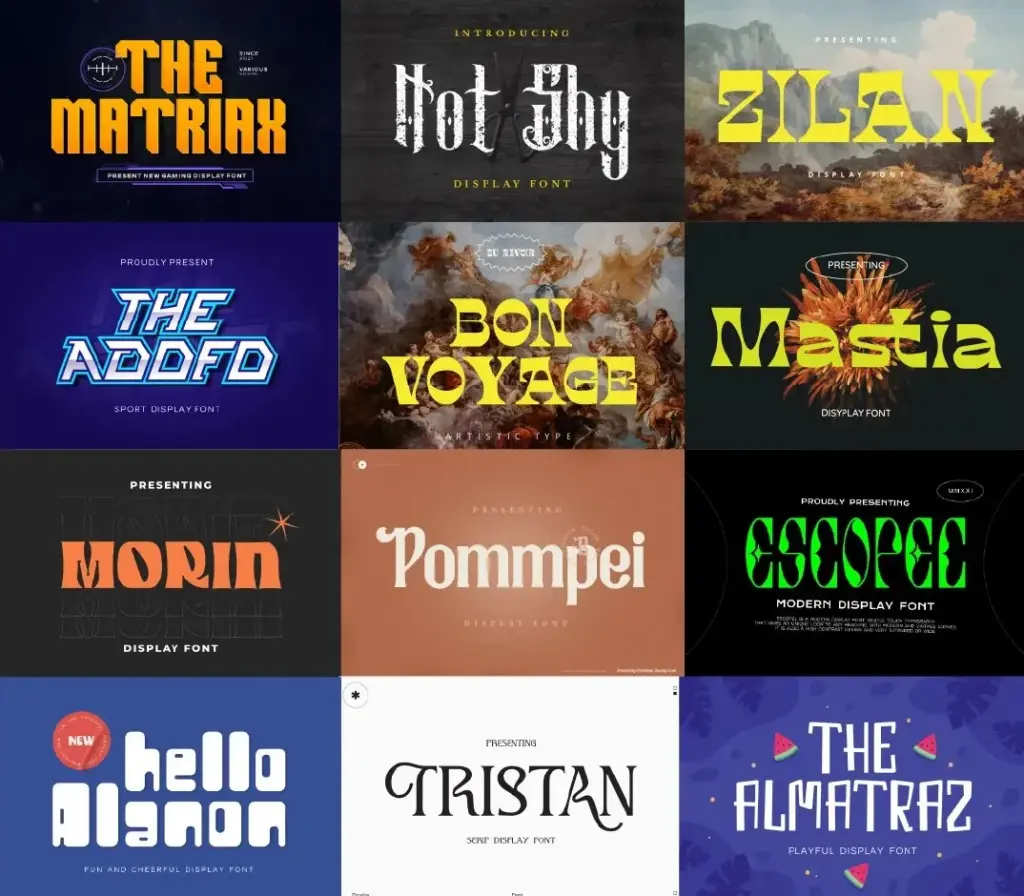 Collage of 12 fonts with gaming, artistic, and modern themes, styled included in the Ultimate fonts Colection