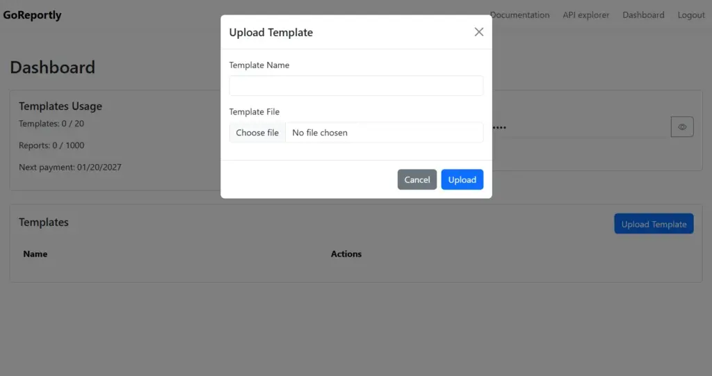 Goreportly Upload Templates Screen